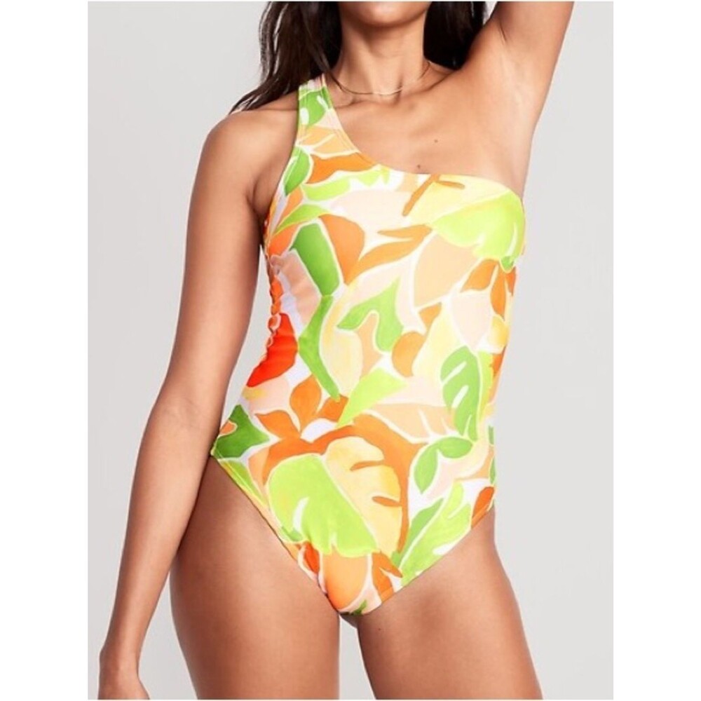 NWT Old Navy One Shoulder Swimsuit Size Large Orange Tropical Floral UPF 40 NEW